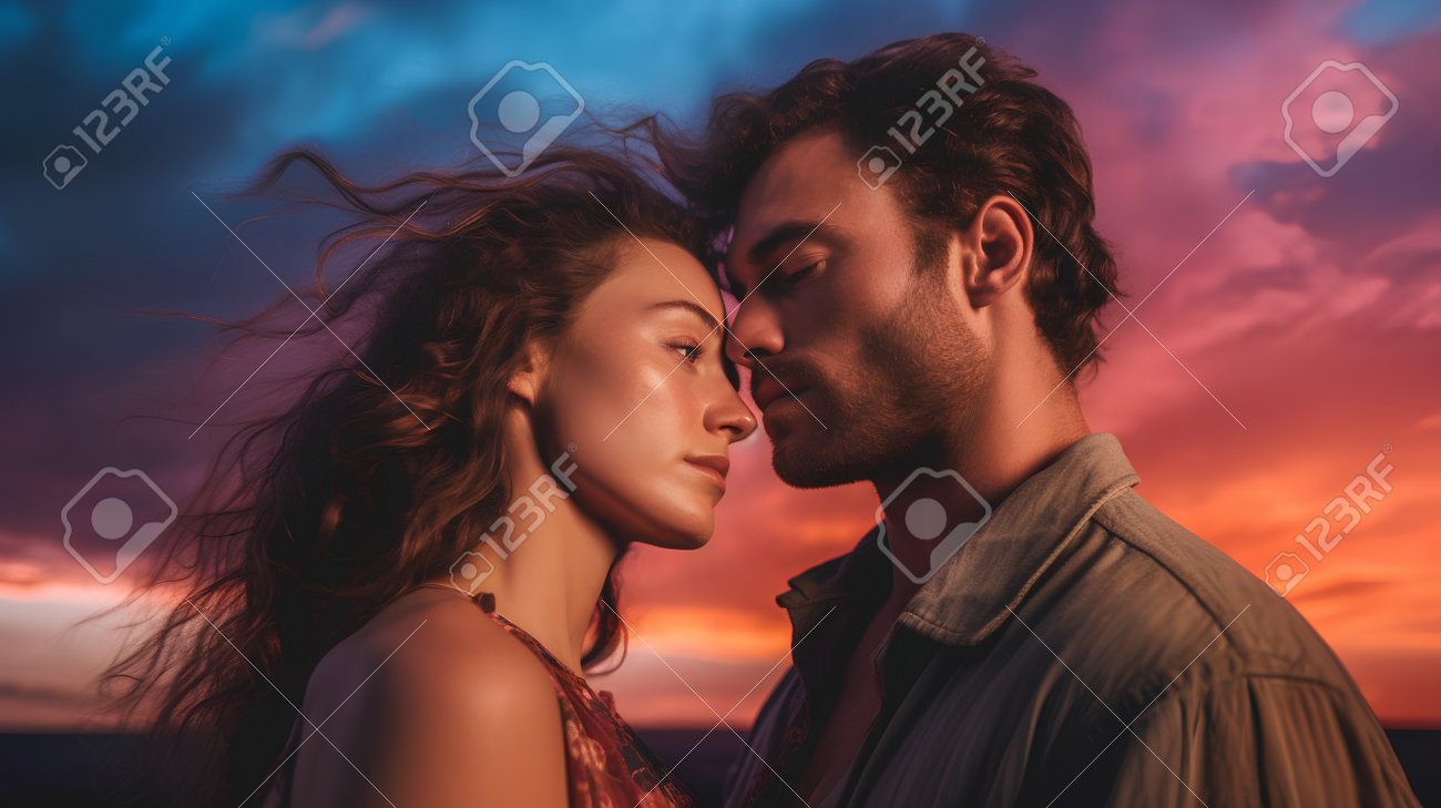 207358313-handsome-young-man-and-beautiful-sexy-woman-on-the-beach-at-sunset