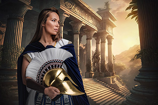 Woman with a past life as a greek warrior with cloak and golden helmet