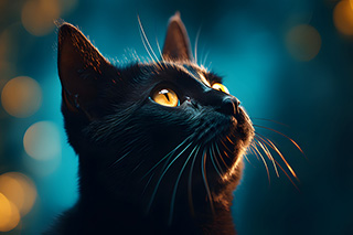 Portrait of a black cat receiving a telepathic message from its owner