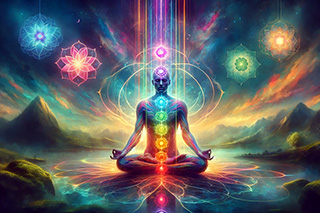 Psychic woman aligns and balances her seven chakras