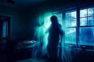 Ghostly apparition of a shadow standing in front of window in a haunted bedroom.