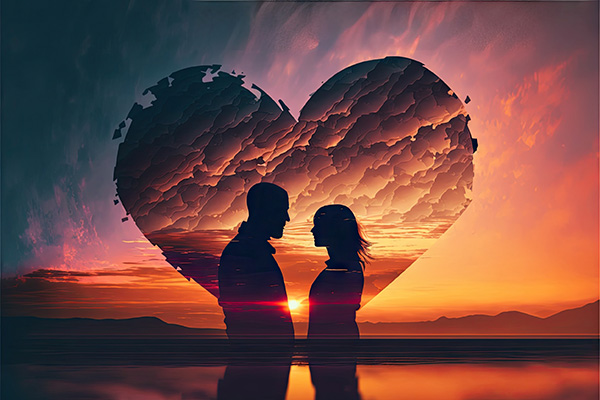 Silhouette of a romantic couple in front of an abstract heart of shadow clouds against a sunset background.