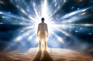 Man standing in a mystical portal of light from the spirit realmn