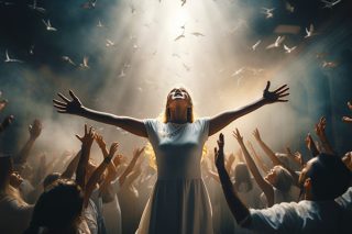 Woman stands amidst a diverse group, her arms raised in celestial communion, embodying the collective's journey of spiritual awakening amidst a global shift in consciousness.