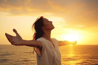 Ethereal young woman with long hair meditating with closed eyes to receive spiritual guidance.