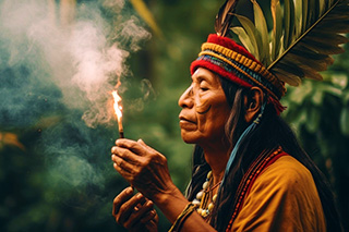 Shaman in traditional costume performs healing ritual with smoke from burning incense stick