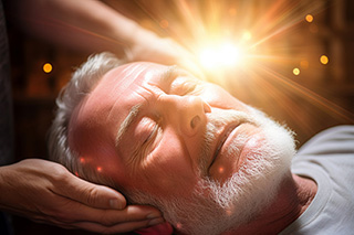 Gifted psychic healer places hands on temples of middle-aged man with gray hair and beard and closed eyes to channel spiritual healing energy