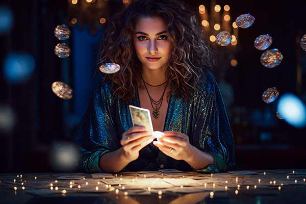 Female tarot reader sitting at an illuminated table covered in sparkling lights and a spread of many tarot cards holding up a single tarot card doing a reading