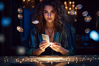 Female tarot reader sitting at an illuminated table covered in sparkling lights and a spread of many tarot cards holding up a single tarot card doing a readingm